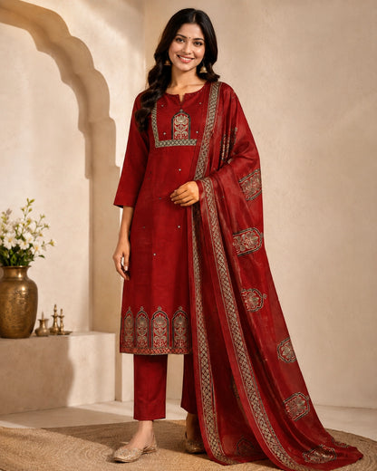 Maroon Mughal Print Cotton Kurta Pant Dupatta for Festive Wear