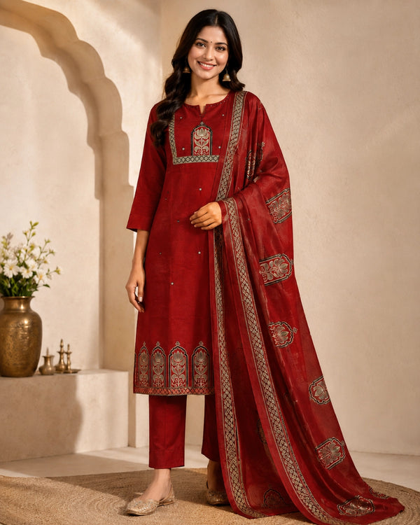 Maroon Mughal Print Cotton Kurta Pant Dupatta for Festive Wear — image 1