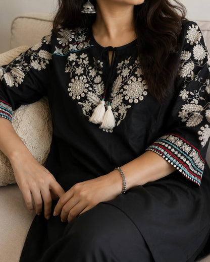 Black Floral Embroidered Cotton Co-Ord Set for Daily Wear