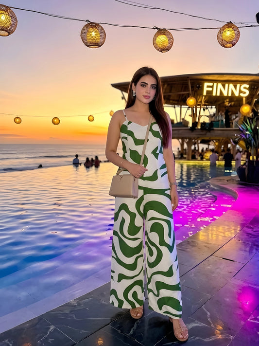 Green & White Abstract Wavy Jumpsuit