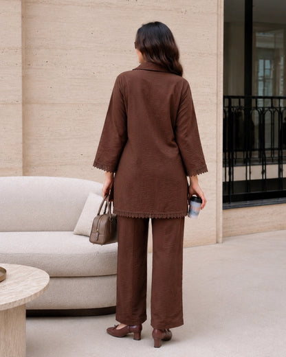 Thread Work Imported Co-Ord Set with Collar Neck and Lace Trim for Office Wear
