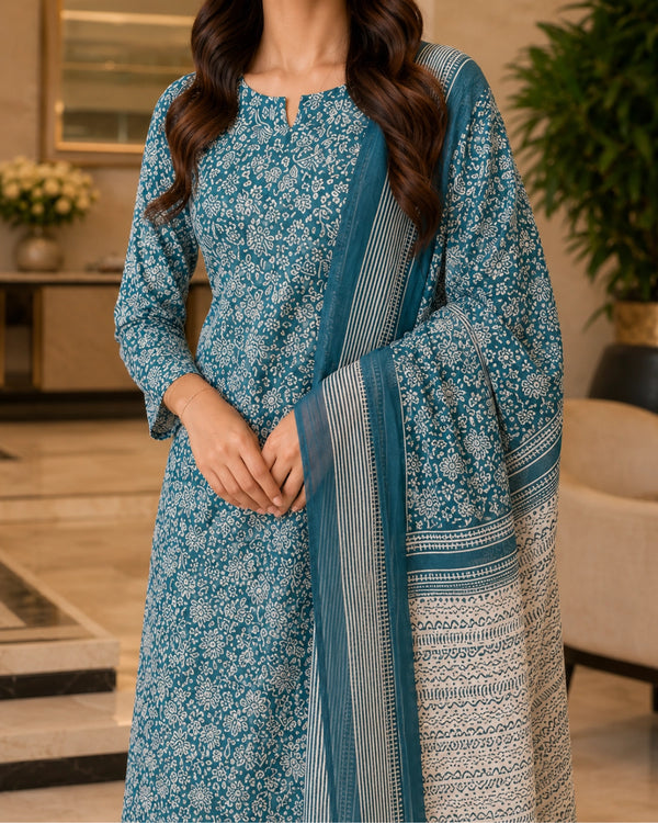 Teal Block Print Cotton Unstitched Suit for Daily Wear — image 3