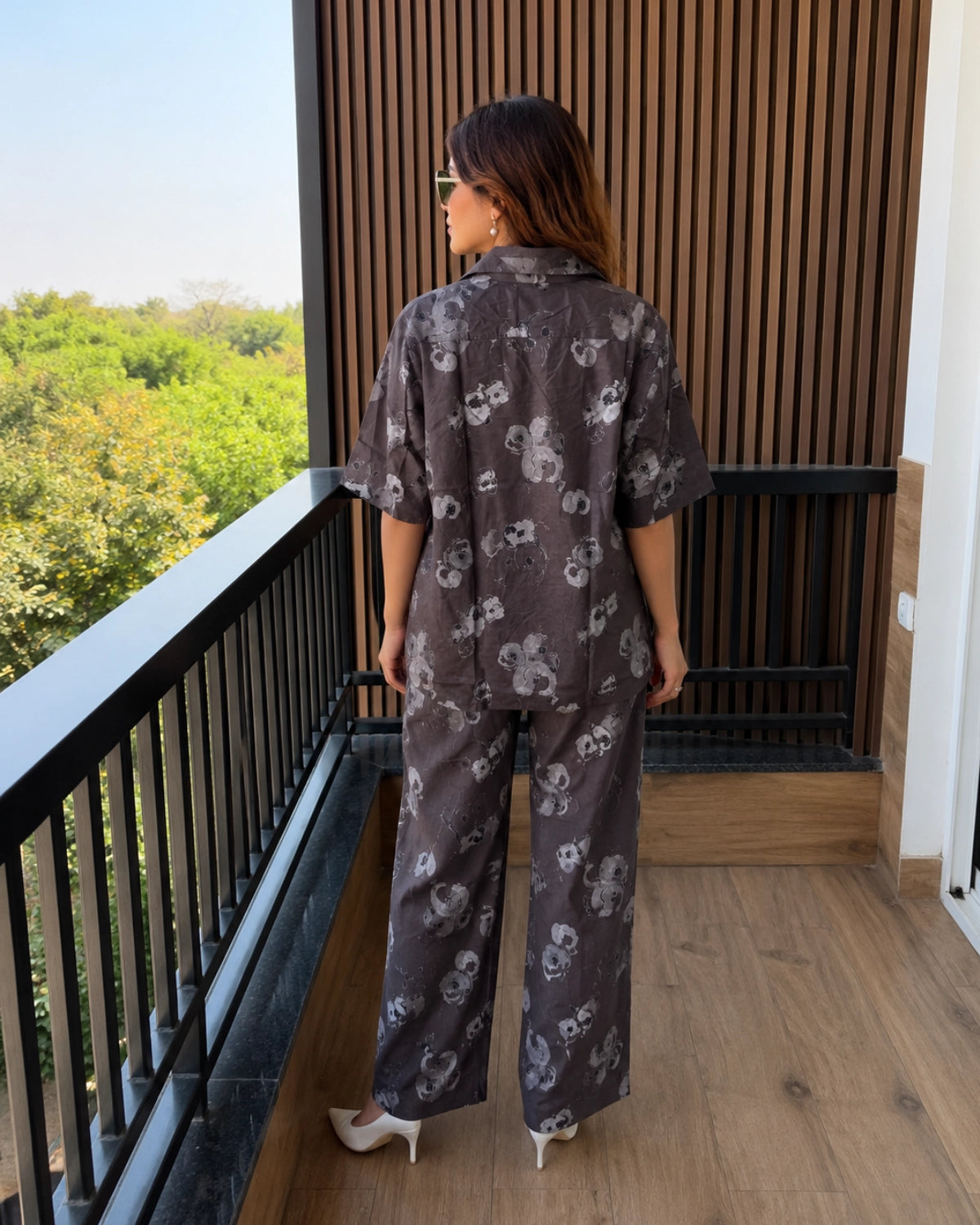 Grey Floral Print Rayon Co-ord Set for Daily Wear