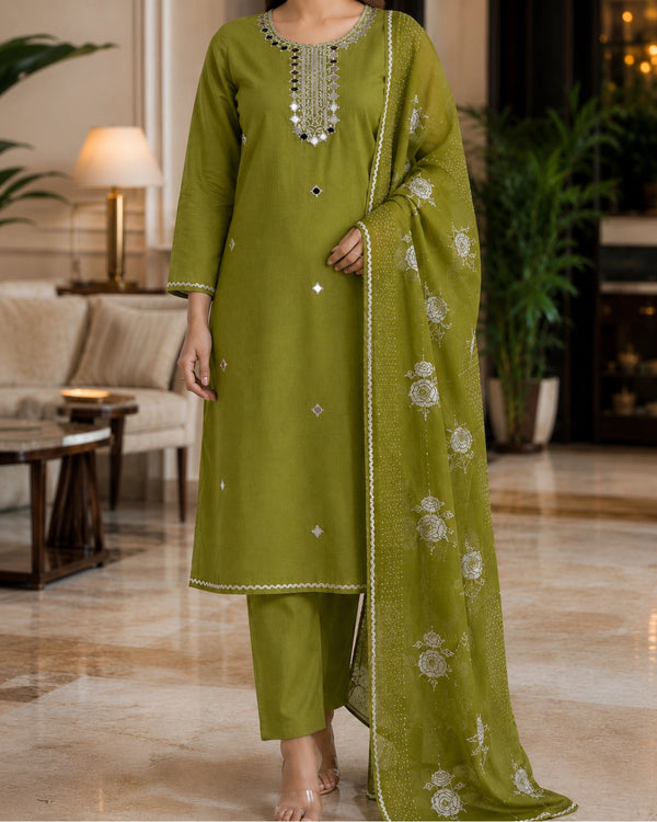 Olive Green Mirror Work Mul Chanderi Unstitched Suit for Daily Wear — image 4