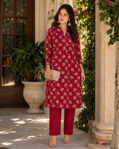 Cherry Red Floral Print Rayon Kurta Pant Set for Daily Wear