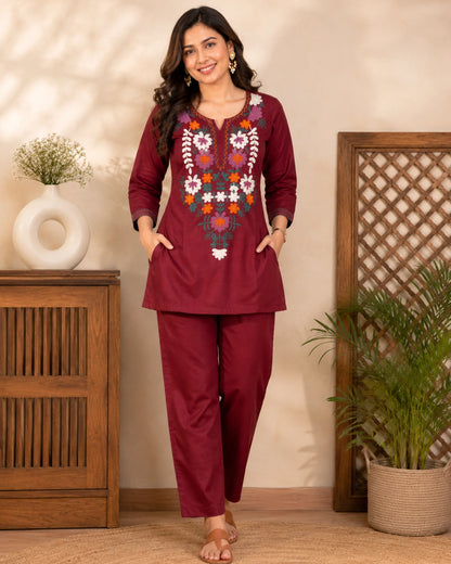 Maroon Embroidered Cotton Co-Ord Set with Notch Neck for Vacation Wear