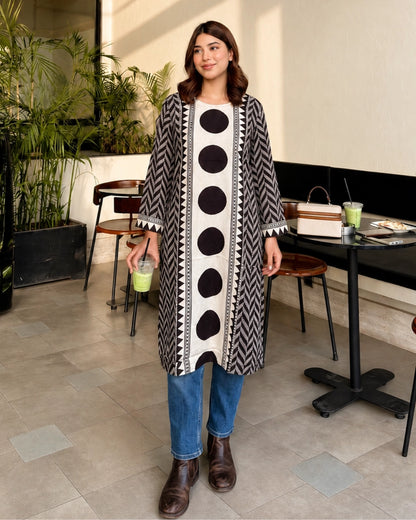 Monochrome Geometric Print Rayon Long Kurta for Office Wear