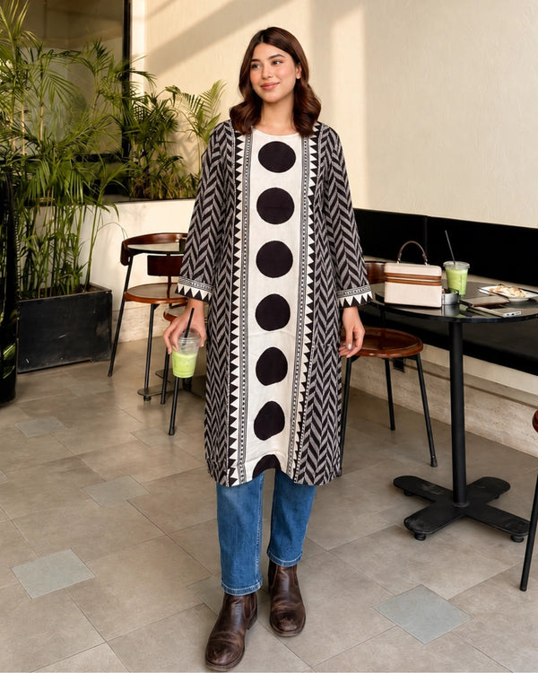 Monochrome Geometric Print Rayon Long Kurta for Office Wear — image 1