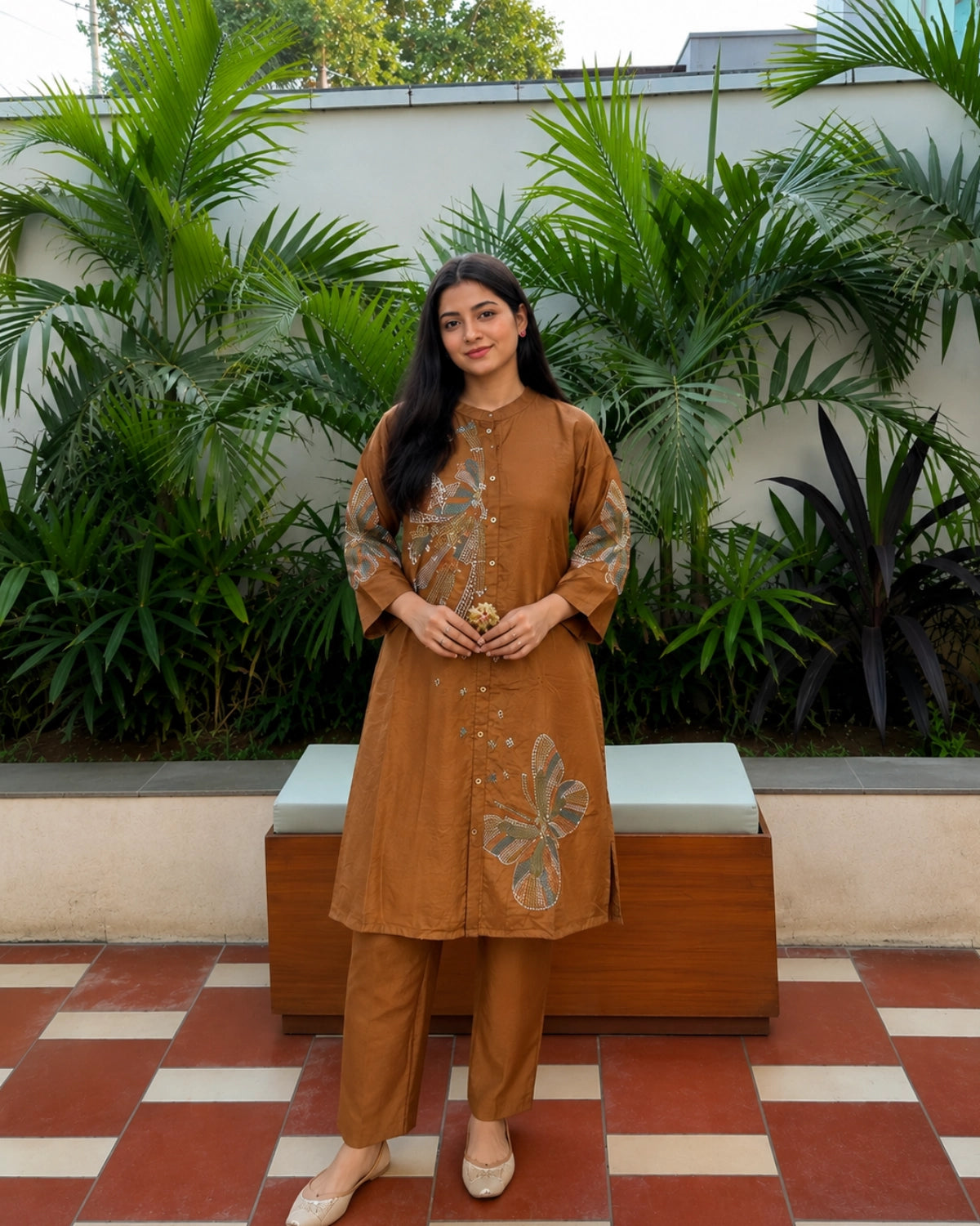 Brown Kantha Cotton Kurta Pant Set with Mandarin Collar