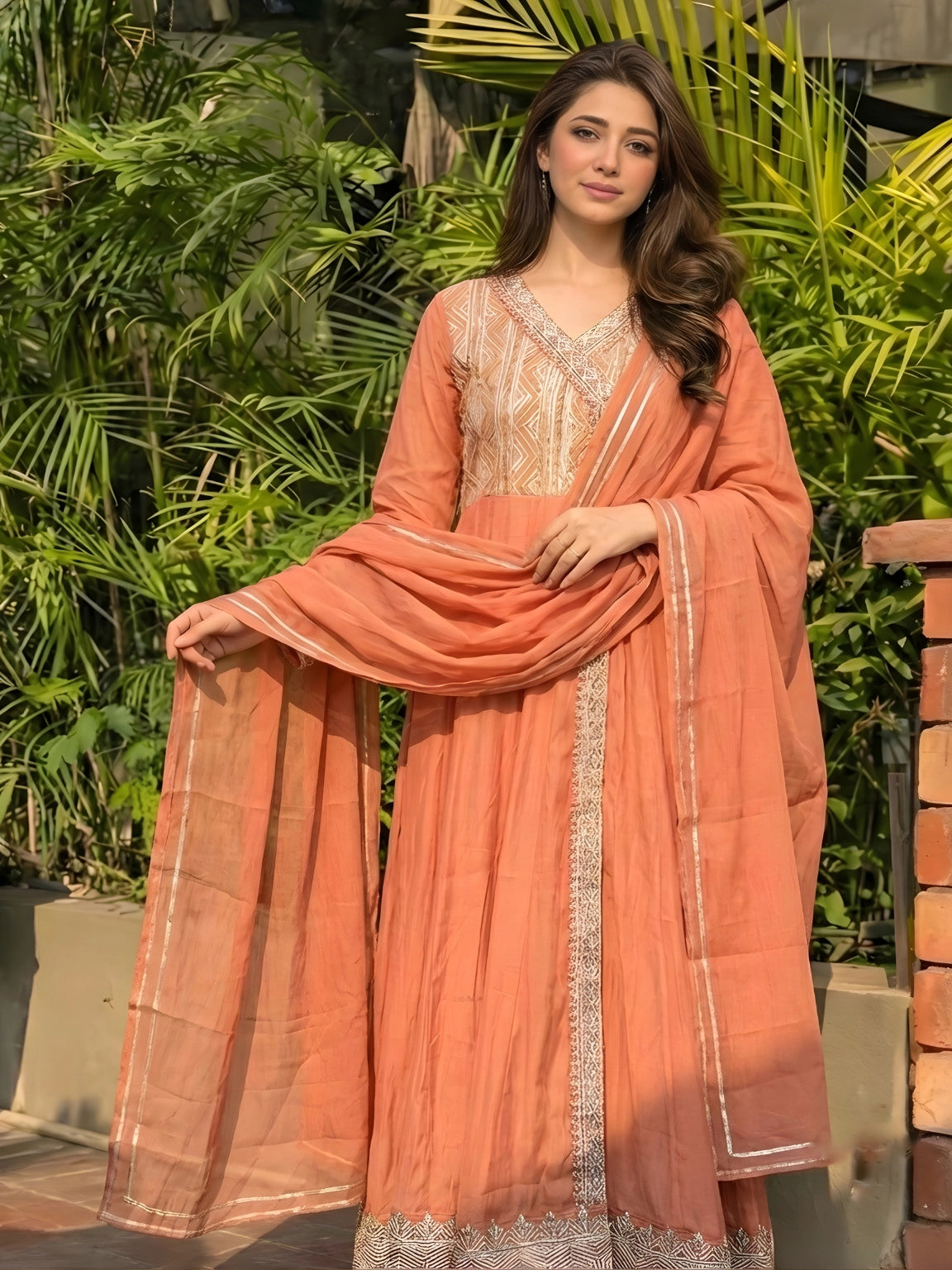 Peach Embroidered Anarkali Suit Set
