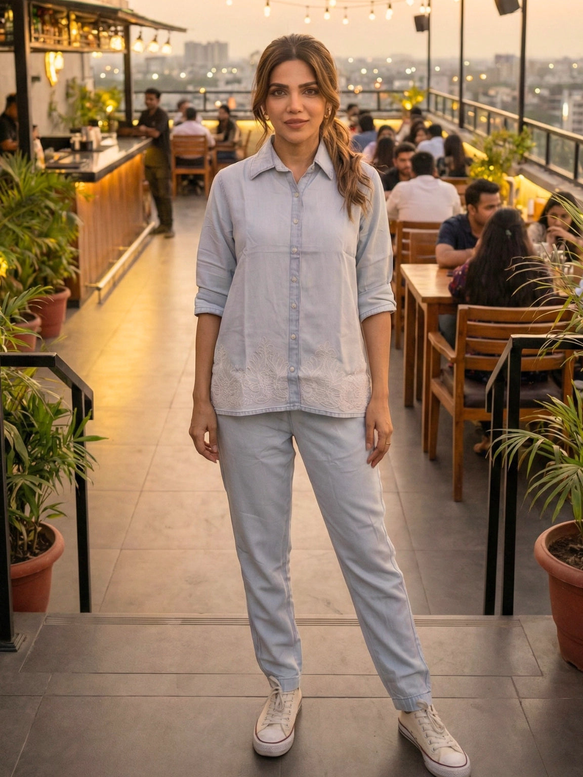 Light Blue Embroidered Button-Down Co-Ord Set