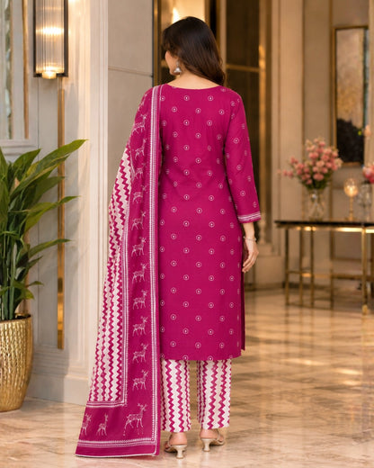 Rani Pink Block Print Cotton Unstitched Suit for Daily Wear