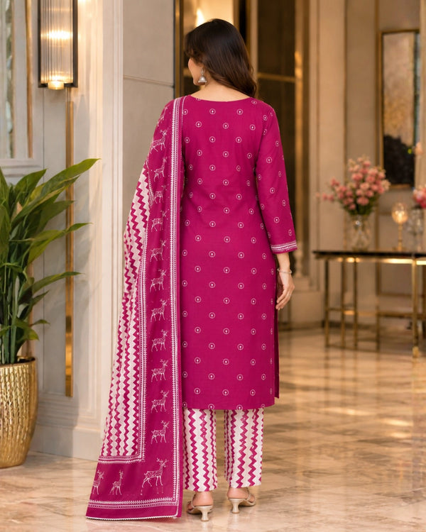Rani Pink Block Print Cotton Unstitched Suit for Daily Wear — image 4
