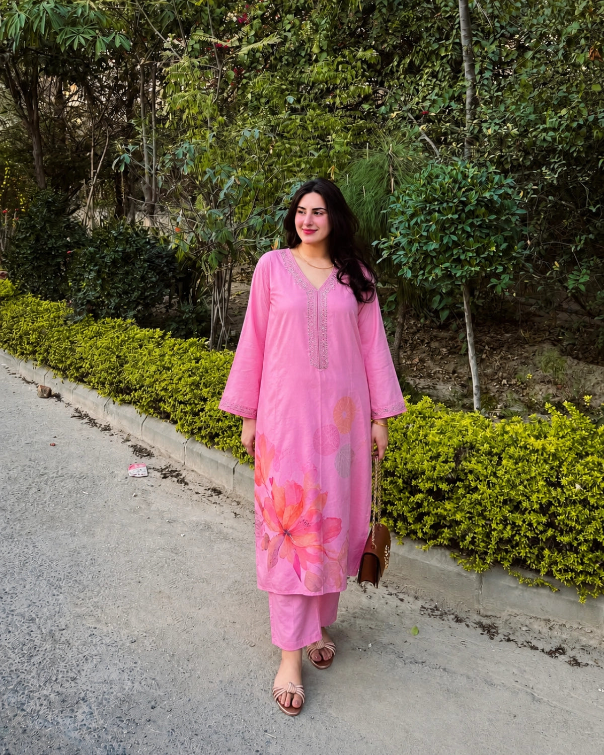 Pink Floral Embroidered Cotton Kurta Pant Set for Office Wear