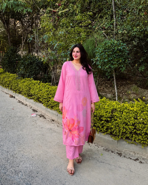 Pink Floral Embroidered Cotton Kurta Pant Set for Office Wear