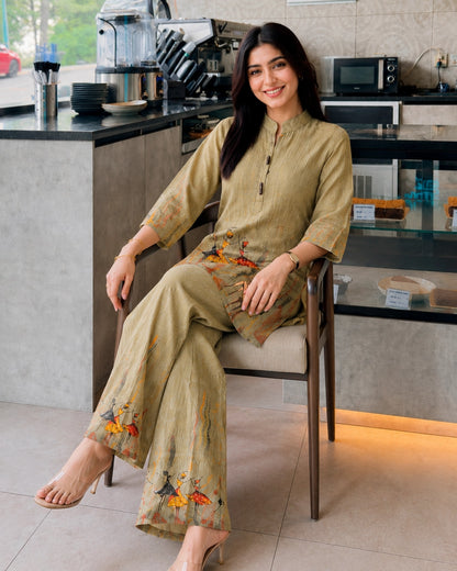 Olive Green Warli Print Chanderi Co-Ord Set for Office Wear