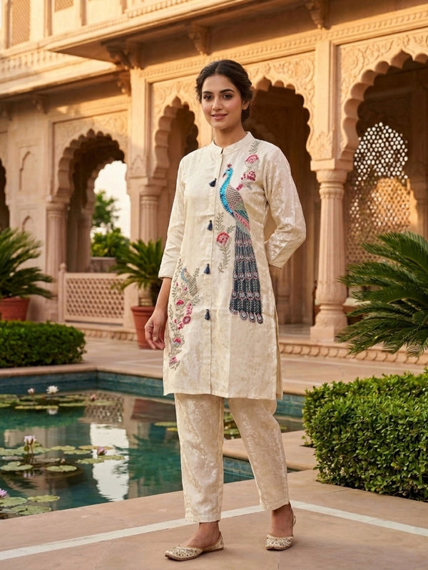 Ivory Peacock Embroidered Kurta Pant Set — image 1
