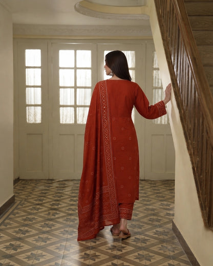 Rust Mirror Work Cotton Kurta Pant Dupatta Set for Daily Wear