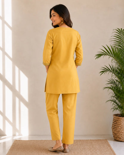 Floral Thread Work Cotton Co-ord Set with Notch Neck for Vacation Wear