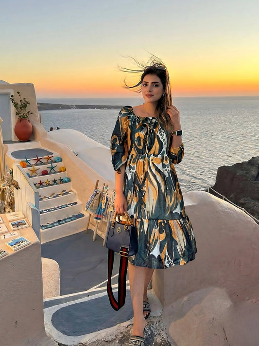 Mustard and Olive Abstract Print Tiered Midi Dress