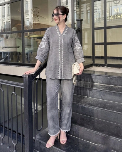Thread Work Imported Co-ord Set with Mandarin Neck and Lace Trim for Vacation Wear
