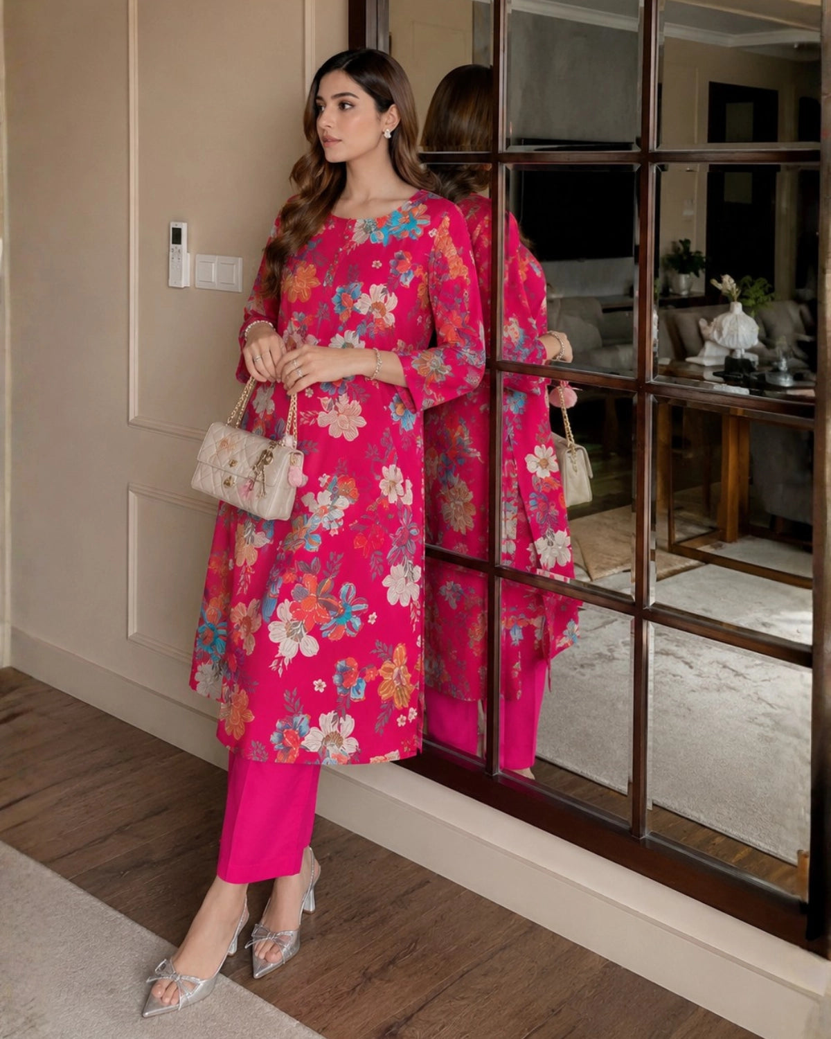 Floral Print Cotton Kurta Pant Set with Round Neck for Daily Wear