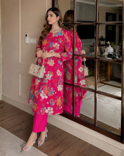 Floral Print Cotton Kurta Pant Set with Round Neck for Daily Wear