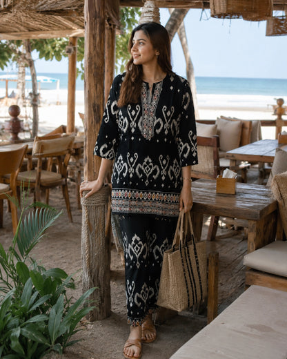 Ikat Print Rayon Co-ord Set with Notch Neck for Vacation Wear