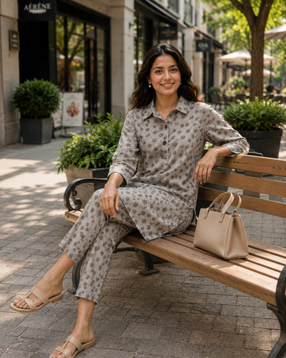 Block Print Rayon Co-ord Set with Collar Neck for Daily Wear