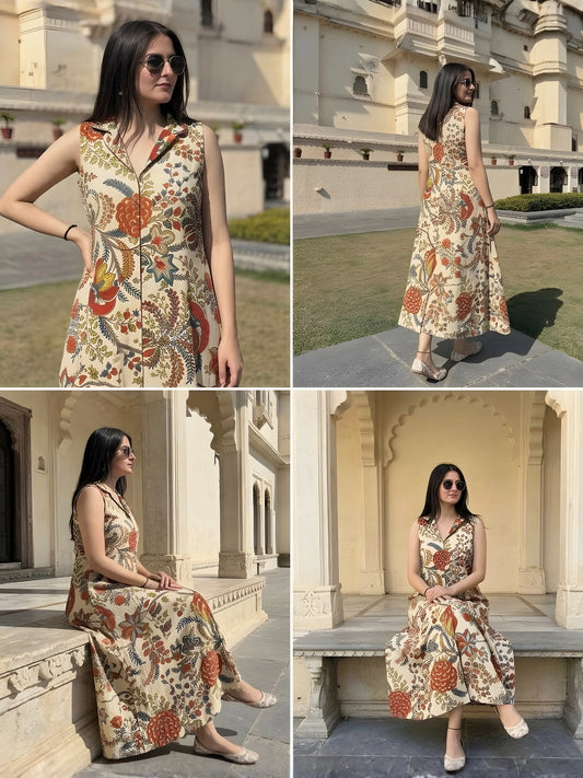 Cream Botanical Print Collared Maxi Dress