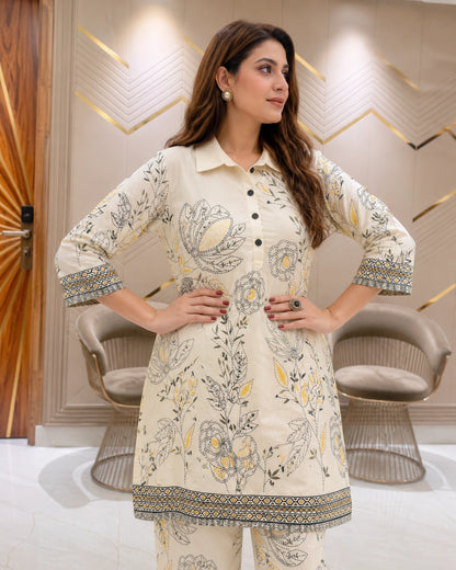 Floral Print Mul Mul Cotton Co-ord Set with Collar Neck for Daily Wear
