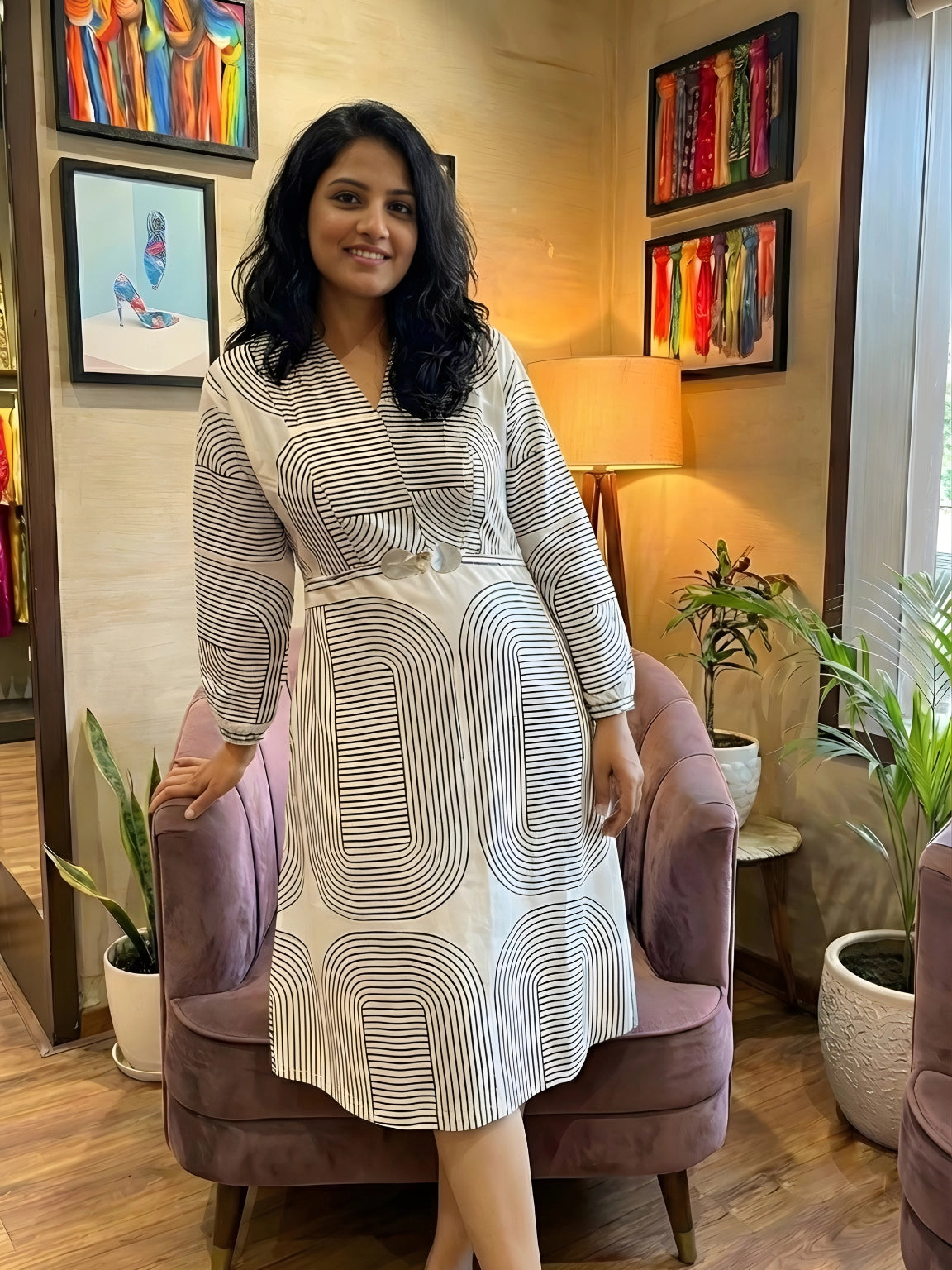 Art Deco Monochrome Midi Dress - White & Black