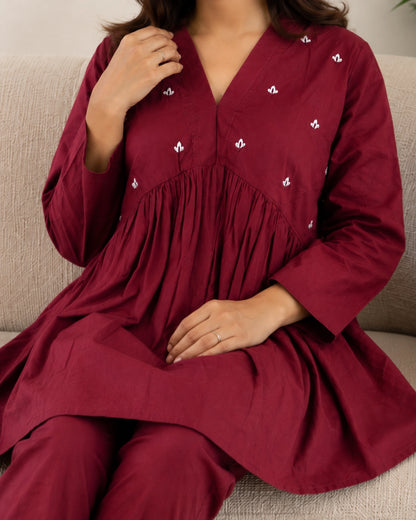 Mirror Work Cotton Co-ord Set with V Neck for Vacation Wear