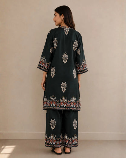 Dark Green Paisley Print Rayon Co-ord Set for Daily Wear