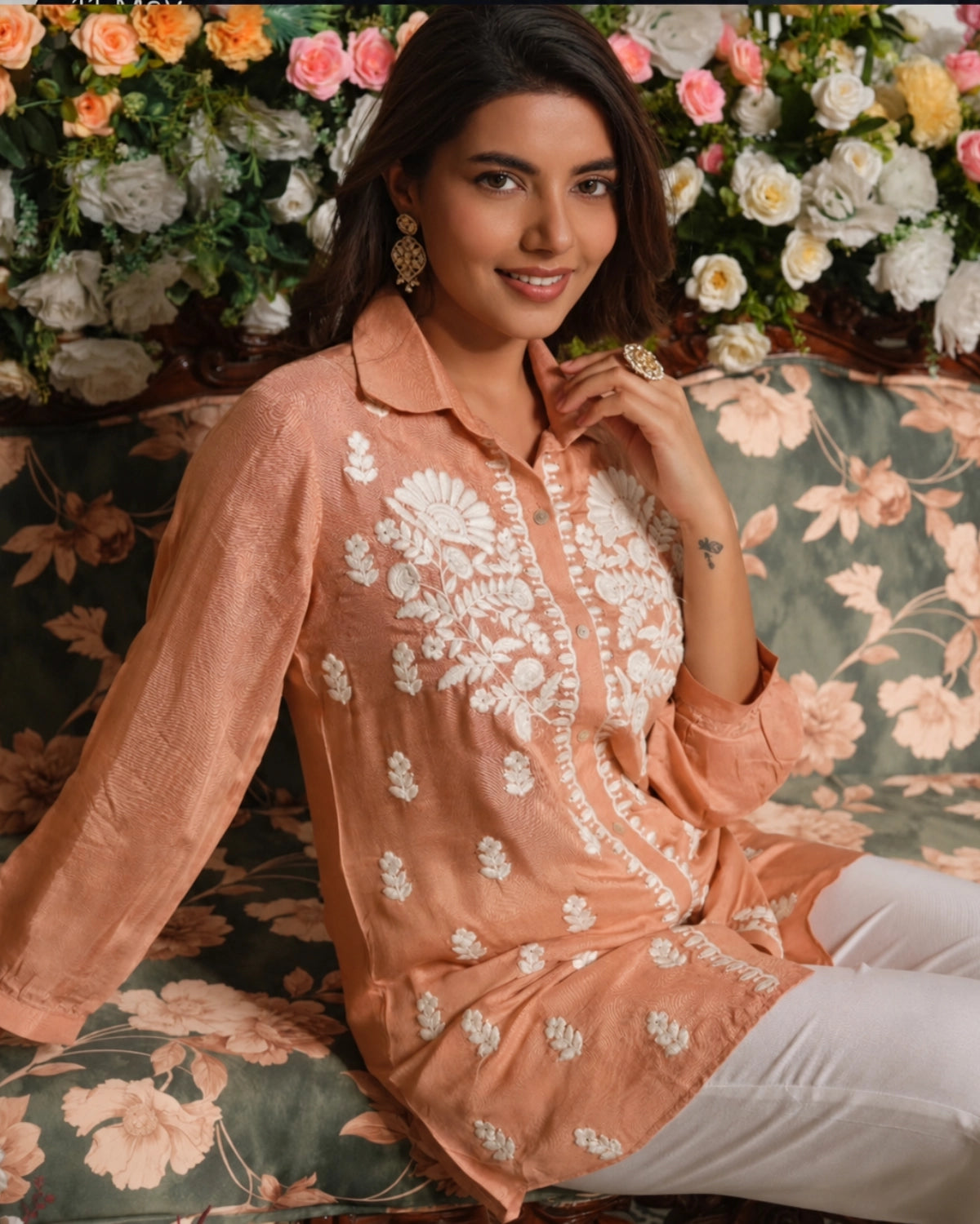 Peach Chikankari Embroidered Muslin Shirt for Office Wear