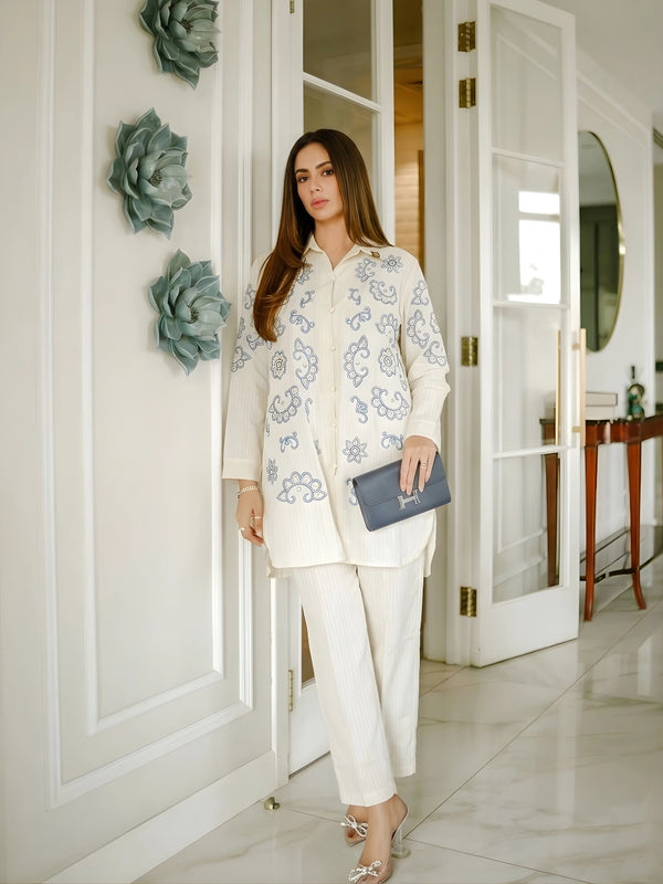 Off-White and Blue Embroidered Co-Ord Set