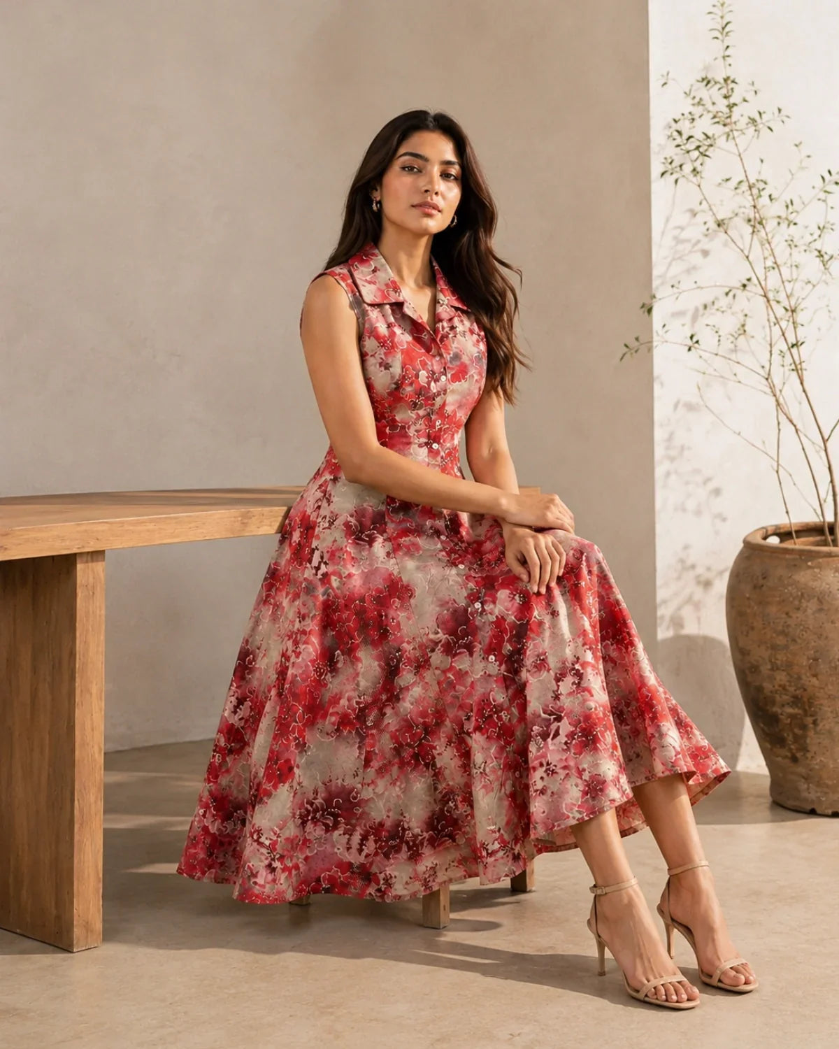 Floral Print Sleeveless Collared Rayon Midi Dress for Vacation