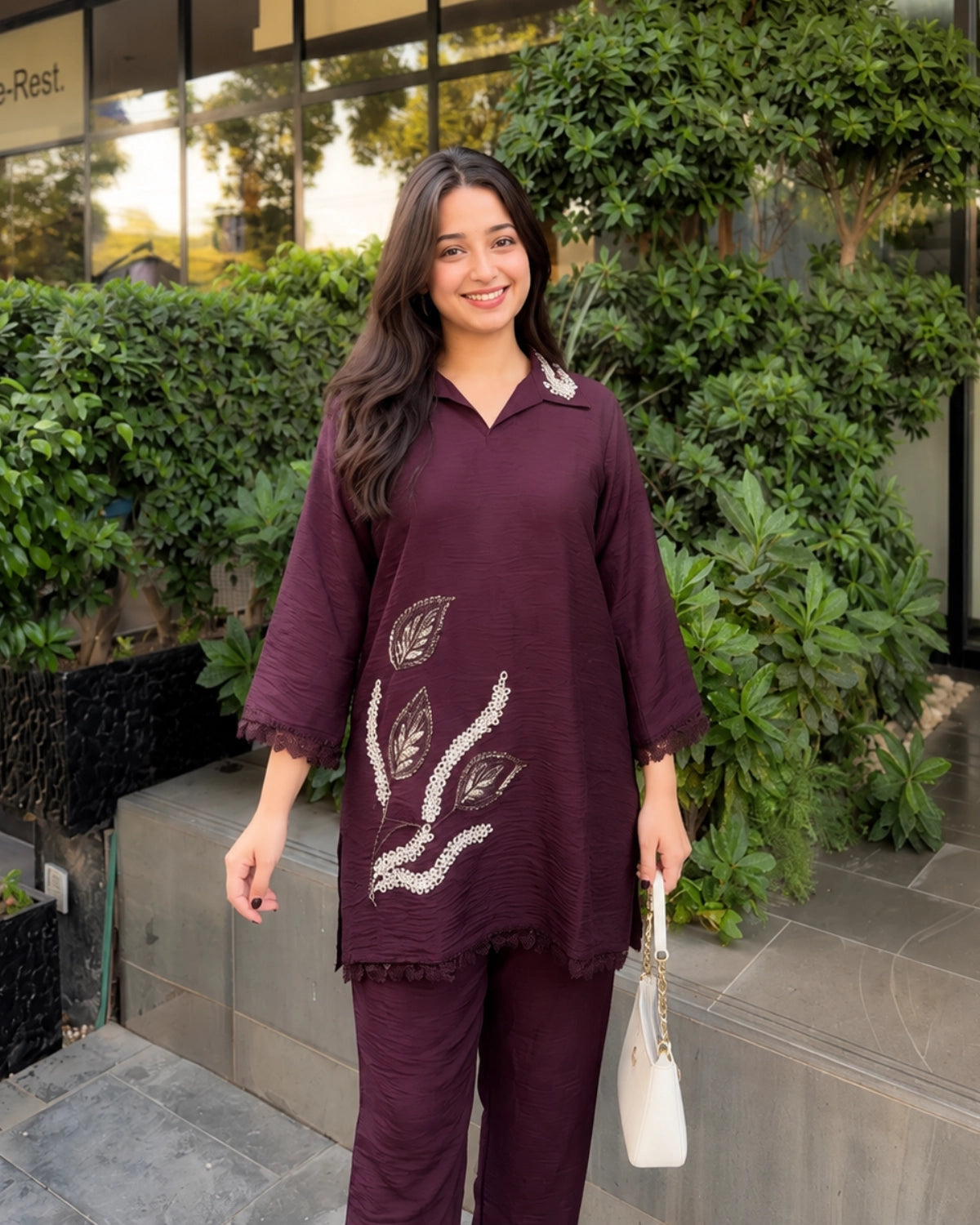 Thread Work Imported Co-Ord Set with Collar Neck and Lace Trim for Office Wear