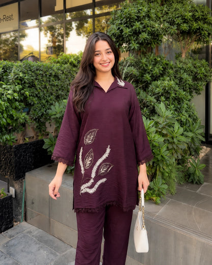 Thread Work Imported Co-Ord Set with Collar Neck and Lace Trim for Office Wear
