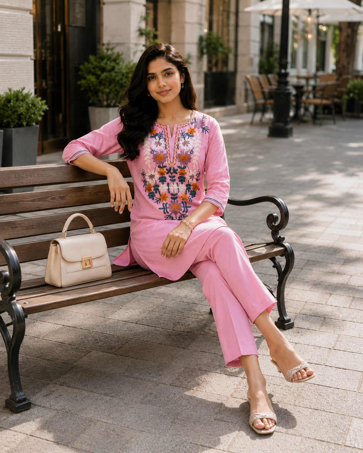 Thread Work Round Neck Rayon Co-ord Set