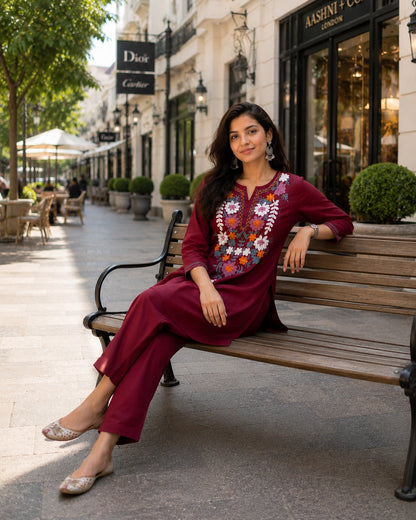 Thread Work Round Neck Rayon Co-ord Set