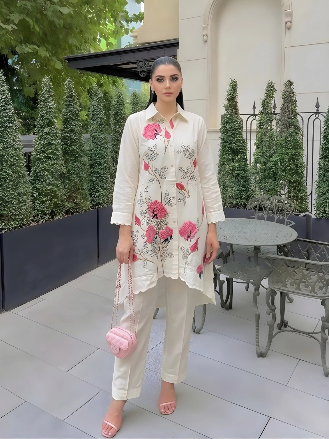 Off-White Rose Embroidered Linen Co-Ord Set