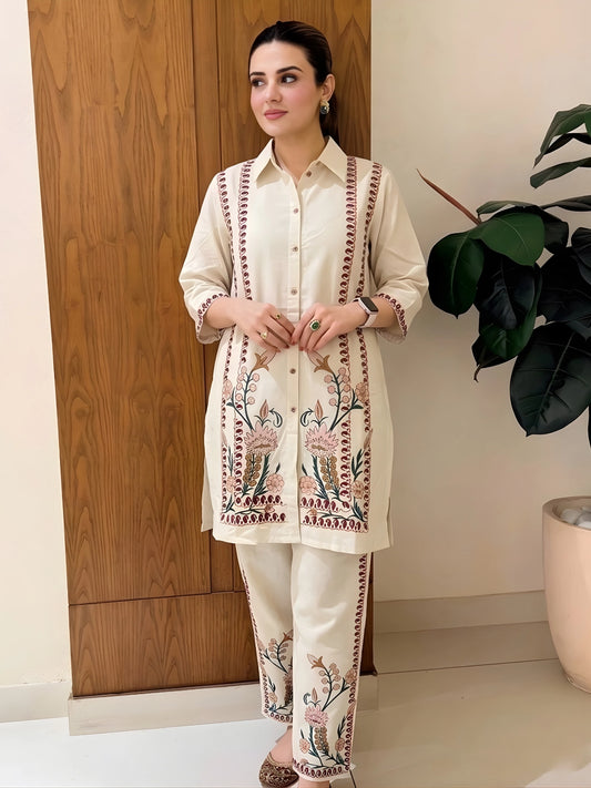 Ivory Botanical Embroidered Co-0rd Set