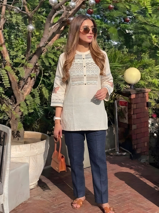 Off-White Embroidered Cotton Kurti