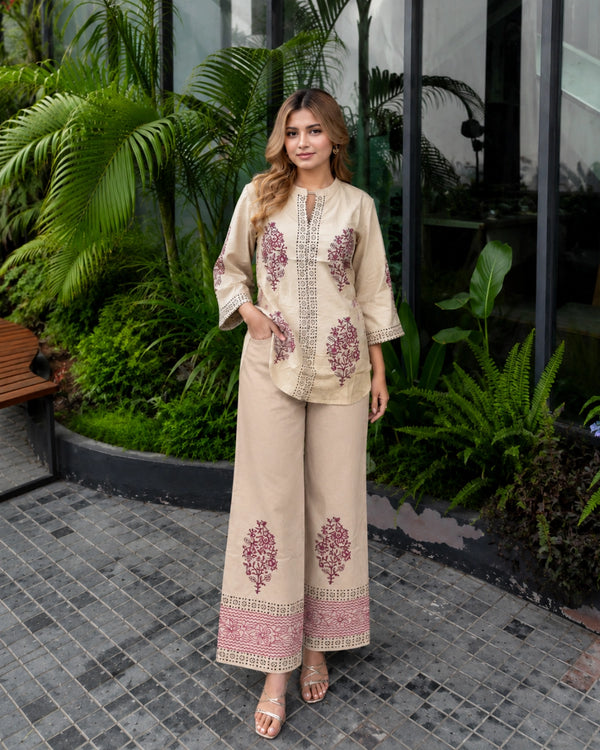 Sand Bead Work Muslin Co-Ord Set with Block Print for Vacation Wear