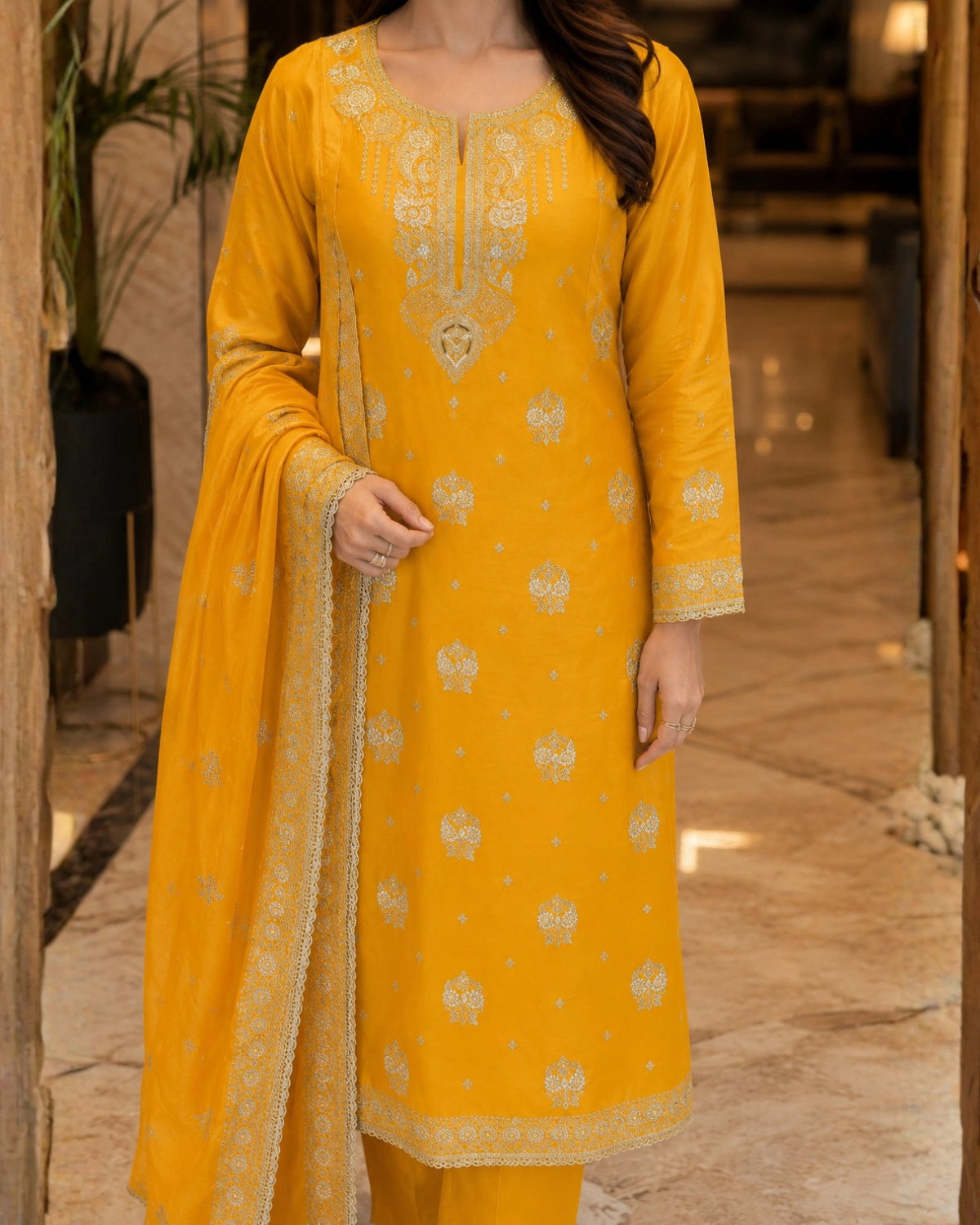 Mustard Yellow Thread Work Viscose Unstitched Suit for Daily Wear