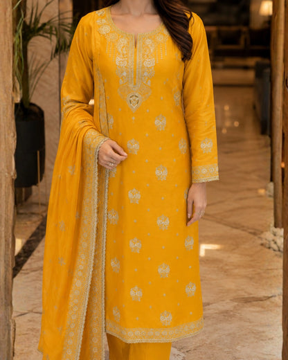 Mustard Yellow Thread Work Viscose Unstitched Suit for Daily Wear