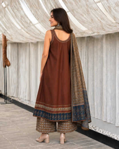 Brown Ajrakh Print Cotton Anarkali Kurta Set with Dupatta for Daily Wear