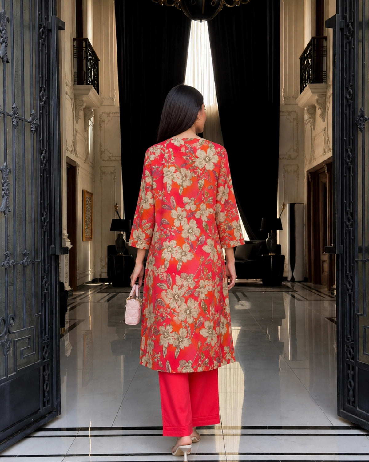 Coral Pink Floral Print Kurta Pant Set with Round Neck for Daily Wear