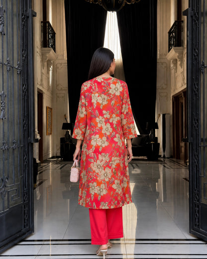 Coral Pink Floral Print Kurta Pant Set with Round Neck for Daily Wear